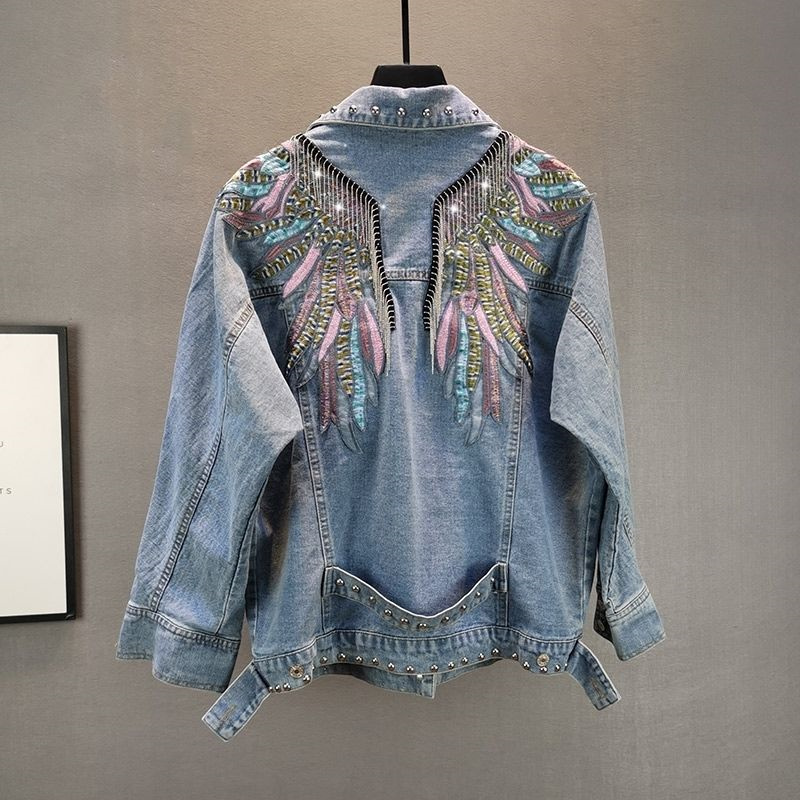 Embroidery Jacket Jeans - Женская джинсовая куртка с длинным рукавом,