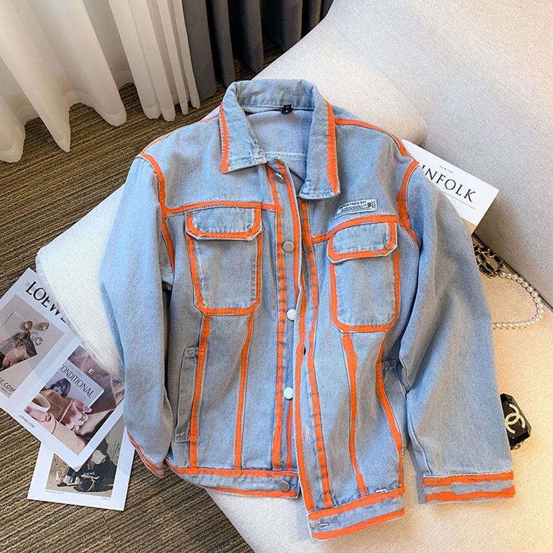 Embroidery Jacket Jeans - Женская джинсовая куртка контрастного цвета в